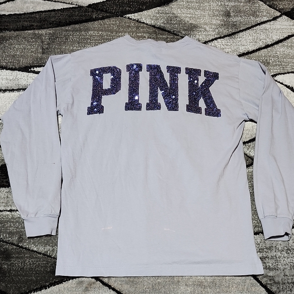 VS PINK 2017 CAMPUS CREW BLUE SEQUINS EMBOIDERED POCKET LONG-SLEEVE TEE-SHIRT